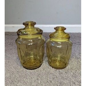 Vintage LE Smith Yellow Bubble Glass Canister Set of 2 MCM